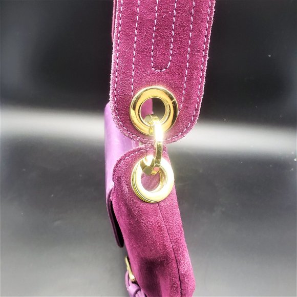 Purple Suede Shoulder Bag Large brass Accents17" strap - Picture 7 of 10